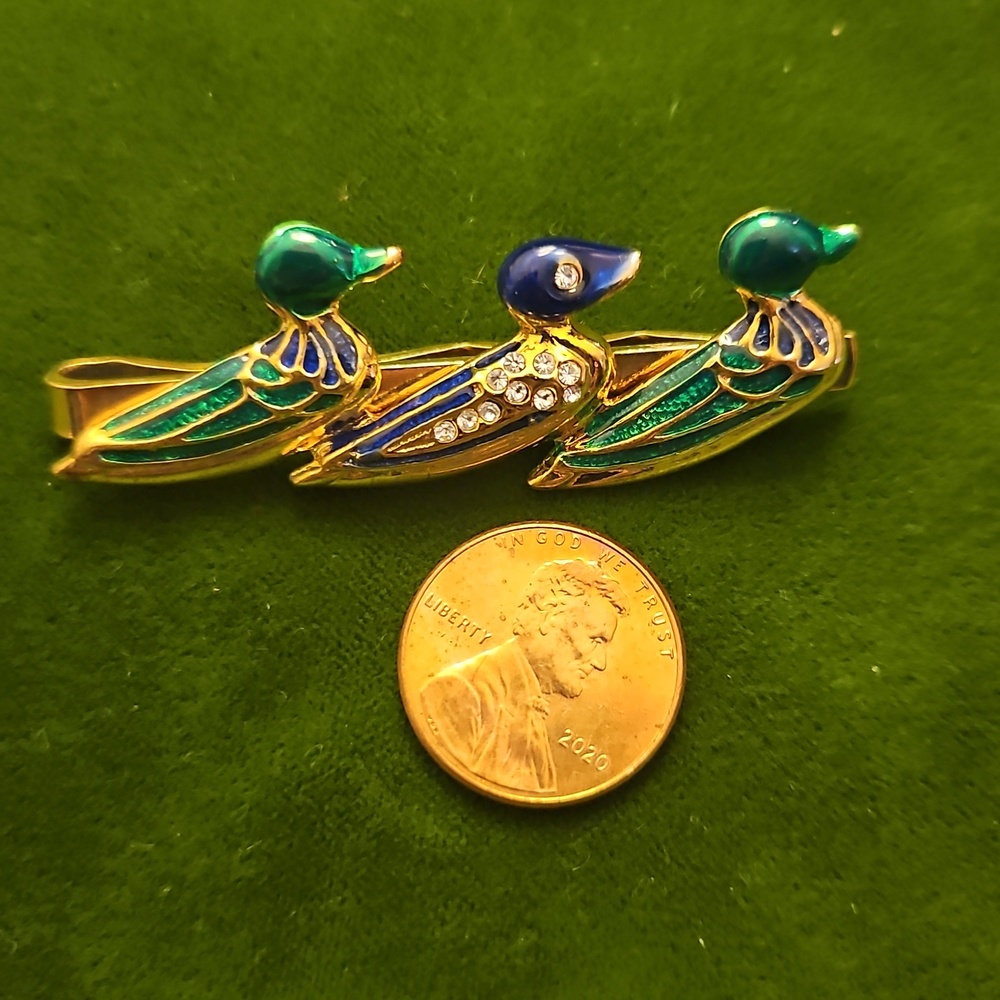 Vintage Gold-Tone Green & Blue Duck Tie Bar with Crystal Accents - Picture 2 of 5